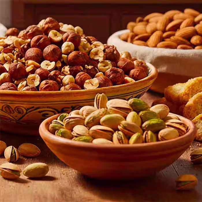 Noisettes, pistaches et amandes pour biscuits artisanaux